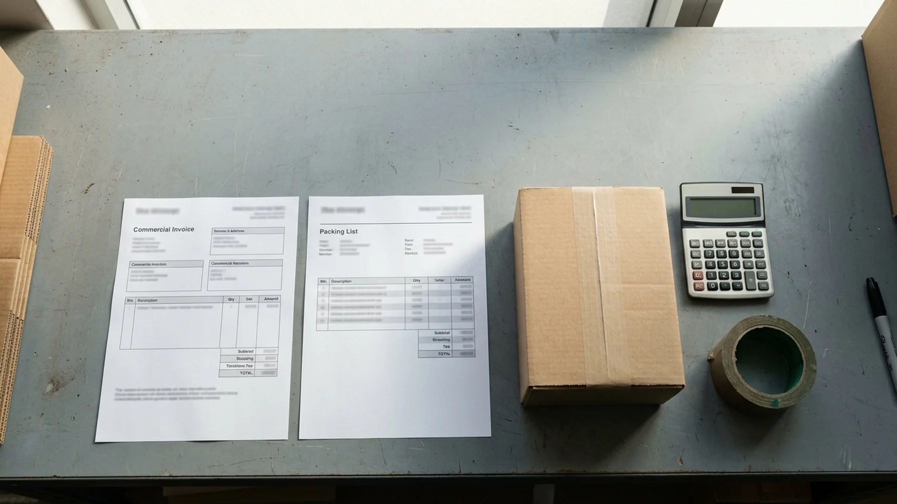 A commercial invoice and packing list side by side on a packing bench with a small sealed carton and a calculator