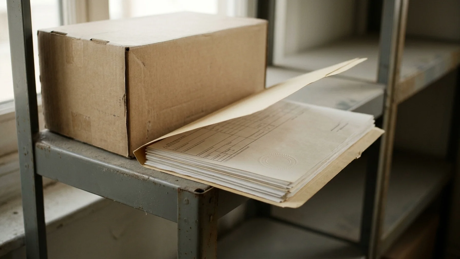 A labeled archive box of shipment folders on a shelf, one folder open showing a stack of customs documents