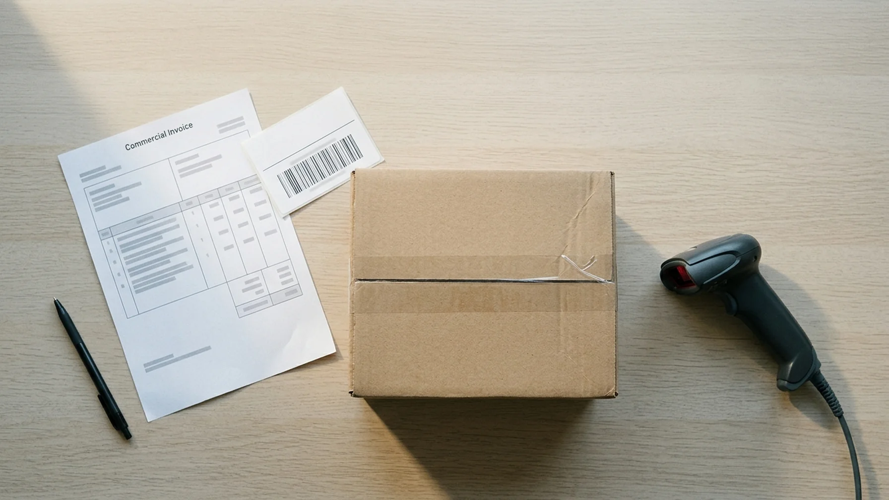A shipping desk with a printed commercial invoice beside a boxed parcel, a barcode label and a handheld scanner, lit by daylight from a nearby window