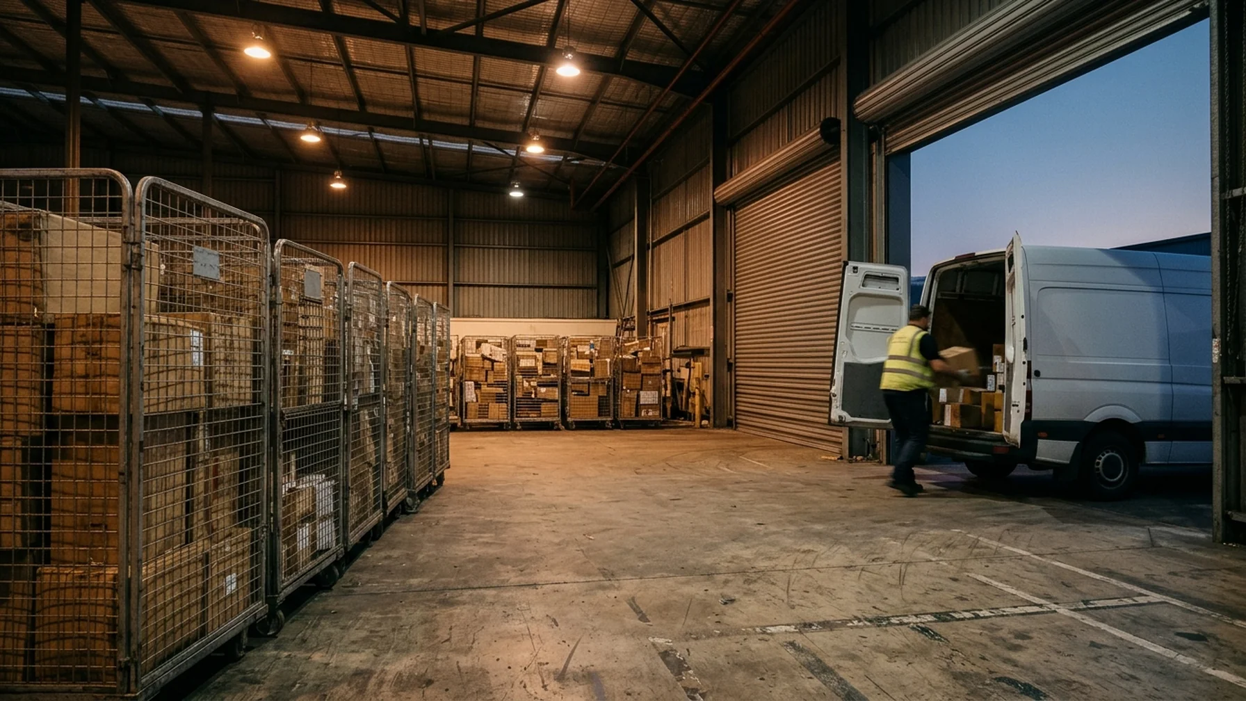 Sorting hub at dusk with stacked parcel cages and a delivery van being loaded, workers in high-visibility vests moving cartons.